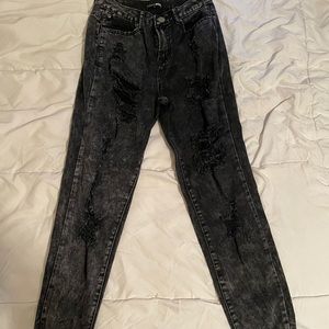 Black acid wash distressed mom jeans